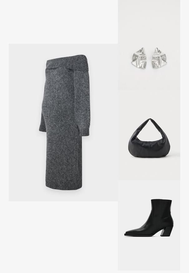 Graues gestricktes Kleid mit einem schulterfreien Design, langen puffärmeligen Ärmeln und gerippten Bündchen; weiche Textur und knielange Länge.; Schwarze Leder-Stiefelette mit spitzem Zeh, schlanker Silhouette und klobigem quadratischem Absatz. Glatte Textur mit minimalen Nähdetails.; Schwarze, weiche Leder-Handtasche in Halbmondform mit einem dicken, gepolsterten Griff und einem Reißverschluss an der Oberseite.; Silberne Metallohrringe mit einem wellenförmigen, skulpturalen Design, das eine polierte Oberfläche und unregelmäßige Formen aufweist, die eine zeitgenössische Ästhetik betonen.