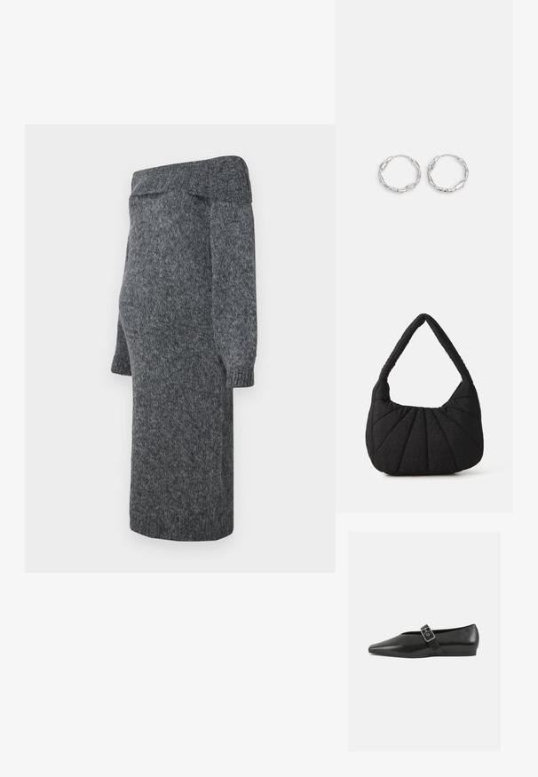 Graues gestricktes Kleid mit einem schulterfreien Design, langen puffärmeligen Ärmeln und gerippten Bündchen; weiche Textur und knielange Länge.; Schwarze Lederflachschuhe mit spitzem Zehenbereich, ausgestattet mit einem metallischen Riemen über dem Spann und einer niedrigen, flexiblen Sohle.; Schwarze, gesteppte Hobo-Tasche mit einer strukturierten Oberfläche, geschwungenem Design und breitem Schultergurt; verfügt über einen Reißverschluss und gefältelte Details.; Silberne Creolen mit einer welligen, unregelmäßigen Textur. Besitzen eine dünne, kreisförmige Form und eine reflektierende Oberfläche.