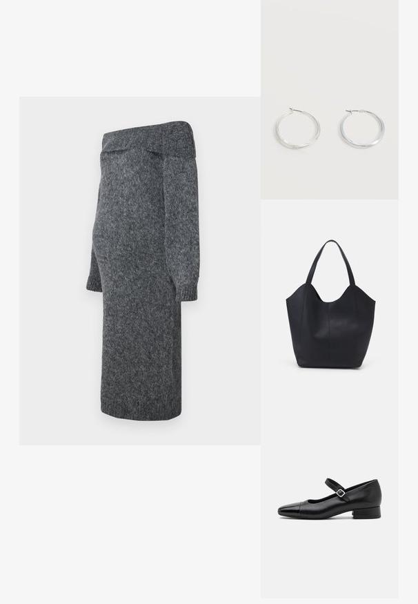 Robe en tricot gris avec une conception dénudée d'épaules, de longues manches bouffantes et des poignets côtelés ; texture douce et longueur mi-mollet.; Chaussures Mary Jane en cuir noir avec un embout en vernis, une sangle cheville réglable et un petit talon carré. Texture lisse et design élégant.; Sac fourre-tout noir en cuir lisse, doté d'un haut ouvert et courbé avec deux brides d'épaule et un design minimaliste.; Boucles d’oreilles créoles en métal argenté avec une surface lisse légèrement incurvée et des fermoirs à clapet sur un fond blanc uni.