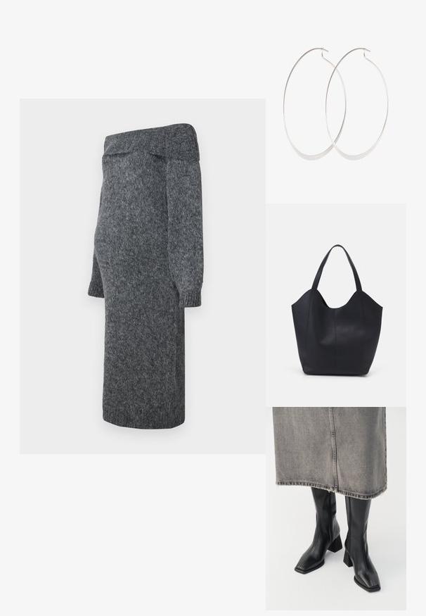 Grijze gebreide jurk met een off-shoulder ontwerp, lange poeffen mouwen en geribbelde manchetten; zachte textuur en midi-lengte.; Zwarte laarzen tot de knie van soepel leer met een vierkante neus en blokhak. Draag ze met een grijze denim rok met een rafelige zoom.; Zwarte tote tas van glad leer, met een gebogen, open bovenkant en twee schouderbanden, en een minimalistisch ontwerp.; Zilveren oorringen met een dun, glad ontwerp; langwerpige ovale vorm; gepolijste afwerking; voorzien van een veilige haaksluiting.