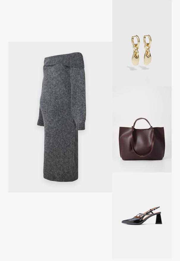 Grå strikket kjole med off-shoulder design, lange pufærmer og rullede manchetter; blød tekstur og længde til midten af læggen.; Blanke sorte slingback hæle med spids tå og åben design, der har en blokhæl og dekorativ sløjfedetalje på remmen.; Bordeaux læder tote taske med glat tekstur, to robuste hanke og et minimalistisk design. Har subtile detaljer i guld hardware.; Guldøreringe med en sammenkoblet design og glatte, tårnformede accenter. Reflekterende finish øger den visuelle appel.