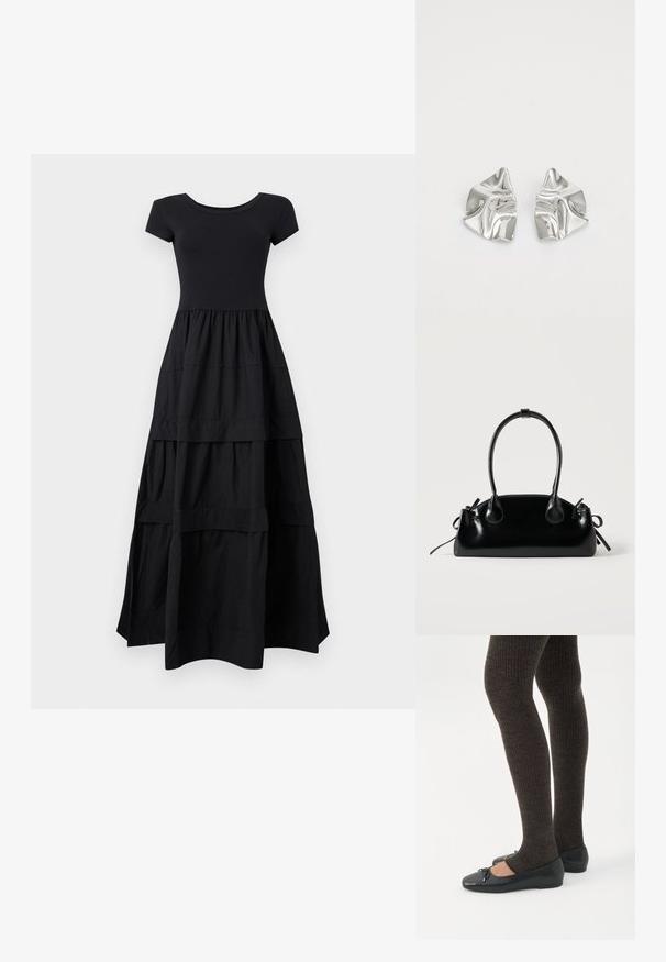 Robe maxi noire à manches courtes avec corsage cintré et jupe fluide à volants s'étendant jusqu'au sol sur un fond clair.; Jambes portant des leggings côtelés foncés associés à des ballerines noires avec de petits détails en nœud sur fond blanc.; Petit sac à main noir brillant avec deux longues anses et des détails à cordon sur les côtés sur un fond clair uni.; Boucles d'oreilles en métal argenté avec un design ondulé et sculptural, présentant une finition polie et des formes irrégulières, mettant en valeur une esthétique contemporaine.