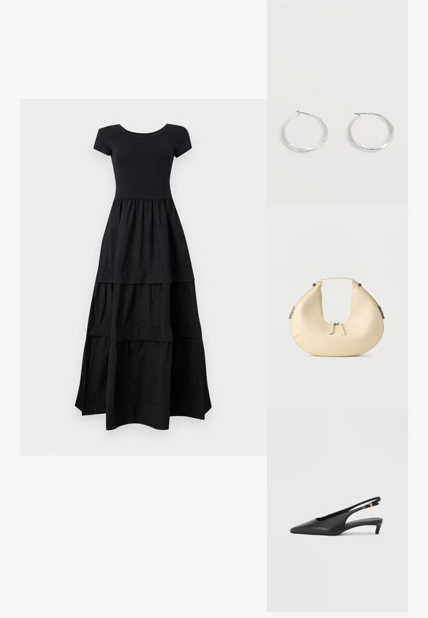 Robe maxi noire à manches courtes avec corsage cintré et jupe fluide à volants s'étendant jusqu'au sol sur un fond clair.; Des escarpins à talon ouvert noirs avec un bout pointu, une texture en cuir lisse, un petit talon aiguille, et une sangle avec un accent de boucle en métal.; Sac à main beige en forme de croissant avec fermeture à double fermeture éclair et poignée courte, avec des détails en métal argenté sur les côtés.; Boucles d’oreilles créoles en métal argenté avec une surface lisse légèrement incurvée et des fermoirs à clapet sur un fond blanc uni.