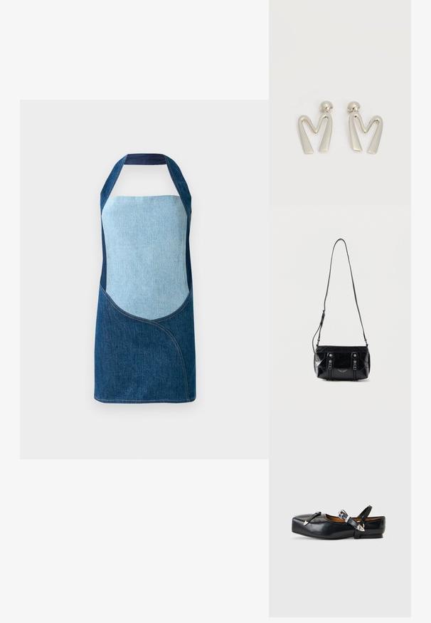 Denim schort met een mix van licht en donkerblauwe stoffen, met gebogen paneelontwerpen en een halternek silhouet.; Zwarte leren platte schoen met vierkante neus, twee zilveren gespslinten en een lage hak op een lichtgrijze achtergrond.; Zwarte leren schoudertas met verstelbare riem, twee verticale ritsen aan de voorkant en een klein metalen vleugelembleem onder de ritsen.; Paar zilverkleurige metalen oorbellen in de vorm van een hoekige letter M met afgeronde stekers op een witte achtergrond.