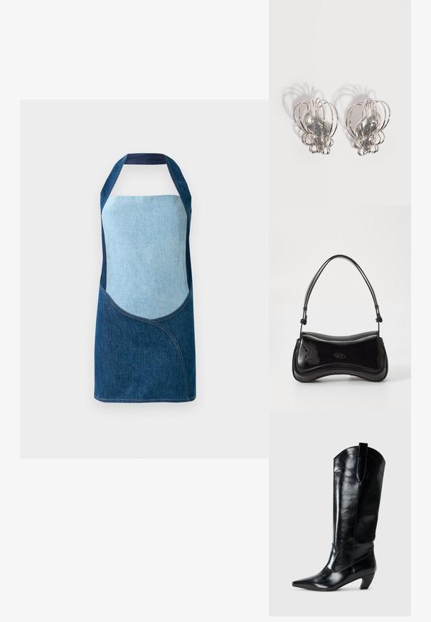 Denim schort met een mix van licht en donkerblauwe stoffen, met gebogen paneelontwerpen en een halternek silhouet.; Zwarte leren kniehoge laarzen met een spitse neus, lage hak en decoratieve stiksels aan de zijkanten. Gladde glanzende afwerking.; Zwarte laarzen van patentleer met een gebogen vorm, een enkele handgreep en een ronde bodem. Beschikt over een subtiele logodetail aan de voorkant.; Een paar zilveren metalen oorbellen met een open draadkooi-ontwerp en gladde centrale ovale vormen die gebogen schaduwen werpen op een witte achtergrond.