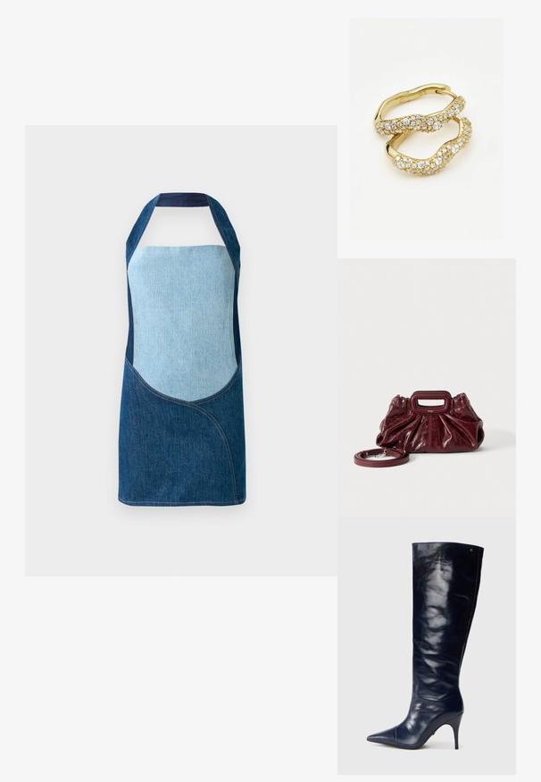 Denim-esiliina, joka sisältää sekoituksen vaaleita ja tummia sinisiä kankaita, kaarevilla paneelimuodoilla ja kaulakujamuodolla.; Laivansinis nahkainen polvitason saapas, kiiltävä pinta, teräväkärkinen, hoikka korkokenkä, saumaton muotoilu, jossa on hienovarainen kultainen yksityiskohta.; Pieni tummanpunainen nahkainen käsilaukku, jossa on kerätty pinta, suorakulmainen kädensijale leikattu kädensija ja irrotettava olkahihna valkoisella taustalla.; Kullanımda altın tonlu halkalı küpeler, dalgalı bir tasarıma sahip, üzerinde yerleştirilmiş şeffaf taşlar ve cilalı bir yüzey bulunuyor. Pürüzsüz dokusu ve parıldayan detaylarıyla dikkat çekiyor.