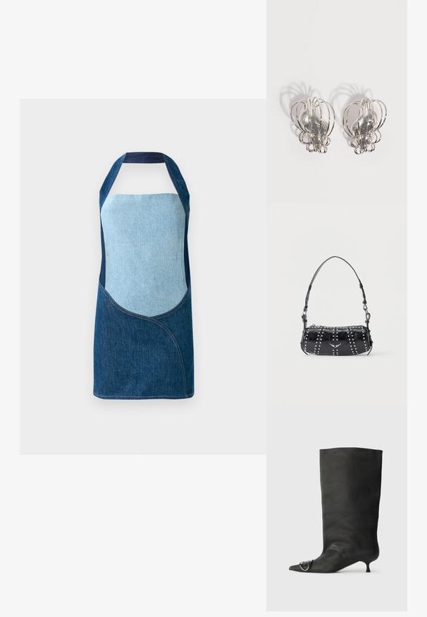 Denimforklæde med en blanding af lyse og mørke blå stoffer, med buede paneldesign og halterneck silhuet.; Sort læder ankelstøvle med spidse tå, lille hæl og metallisk detalje på tæerne. Glat, mat overflade hele vejen igennem.; Sort skuldertaske i laklæder med sølvnitter i lodrette rækker og et lille sølvfugleemblem midt på fronten.; Par sølvøreringe i metal med åbent trådburdesign og glatte, centrale ovale former, der kaster buede skygger på en hvid baggrund.