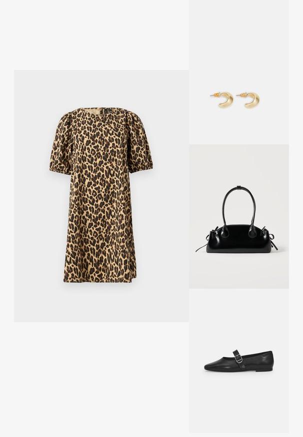 Vestido de estampado leopardo fabricado en tejido suave. Presenta un cuello redondo, mangas cortas abullonadas y una silueta en A. Los colores incluyen marrón claro y negro.; Zapato plano de cuero negro con punta redondeada, una sola correa ajustable con hebilla y una textura suave y brillante. Diseño minimalista con un tacón bajo.; Pequeño bolso negro brillante con dos asas largas y detalles de cordón lateral sobre un fondo claro liso.; Pendientes en forma de media luna de oro con un acabado suave, que presentan acentos naranjas cerca del pasador y herrajes de plata.