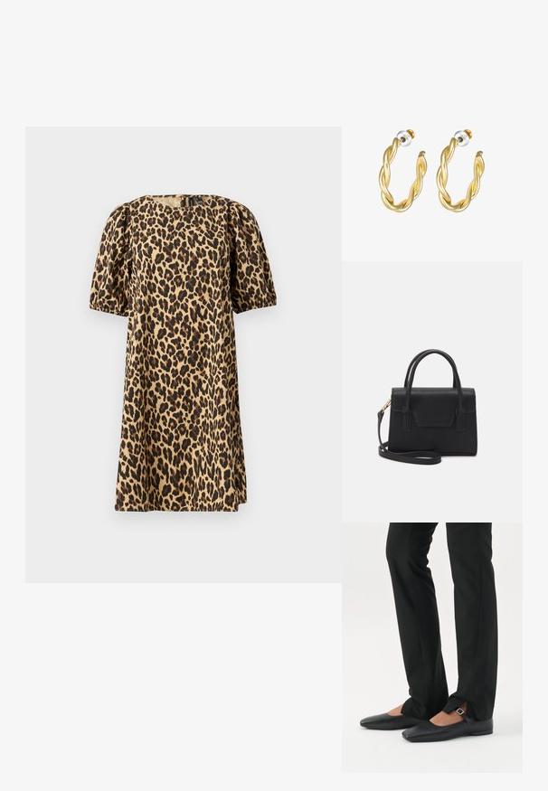 Vestido de estampado leopardo fabricado en tejido suave. Presenta un cuello redondo, mangas cortas abullonadas y una silueta en A. Los colores incluyen marrón claro y negro.; Piernas con pantalones ajustados negros con aberturas frontales en el dobladillo, combinados con zapatos planos Mary Jane negros con una pequeña correa con hebilla.; Bolso estructurado negro de cuero con un asa superior, correa de hombro desmontable y un detalle de tapa en la parte frontal. Acentos en dorado.; Pendientes de aro retorcidos en oro con una superficie lisa, que cuentan con un respaldo transparente y herrajes en tono dorado.