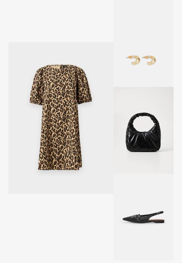 Vestido de estampado leopardo fabricado en tejido suave. Presenta un cuello redondo, mangas cortas abullonadas y una silueta en A. Los colores incluyen marrón claro y negro.; Zapato plano slingback de cuero negro con puntera puntiaguda, que presenta dos correas horizontales y hebillas plateadas cuadradas, tacón bajo y textura suave.; Bolso negro acolchado con un asa redondeada, que presenta una superficie lisa y brillante y una textura suave y acolchada. Sin herrajes ni acentos visibles.; Pendientes en forma de media luna de oro con un acabado suave, que presentan acentos naranjas cerca del pasador y herrajes de plata.