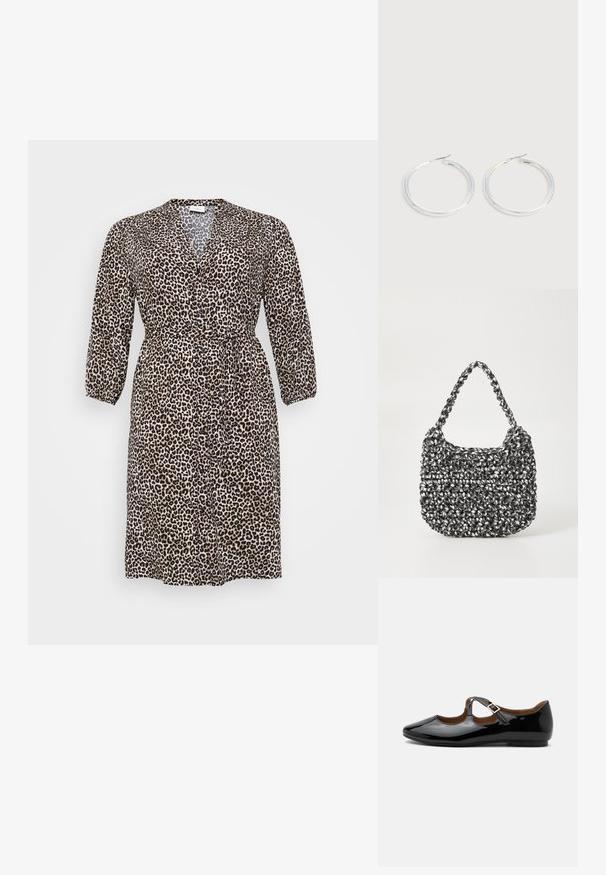 Leopardprint jurk van lichte stof, met een V-hals, lange mouwen, knoopsluiting en een strik taille voor een verstelbare pasvorm.; Zwarte lakleren Mary Jane platte schoen met twee uitsparingen en een gouden gespbandje op een witte achtergrond.; Geweven handtas in zwart en wit met een ronde vorm, gestructureerd oppervlak en een gevlochten handvat. Geschikt voor dagelijks gebruik.; Een paar glanzende zilveren oorringen met dunne draadafsluitingen, getoond op een lichtgrijze achtergrond.