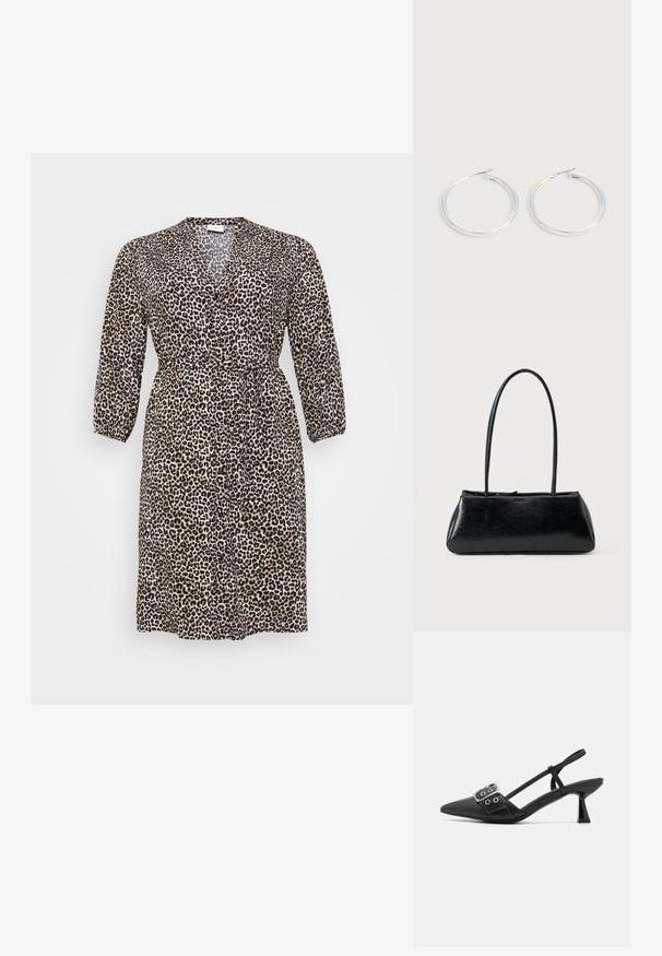 Vestido de estampado de leopardo hecho de tejido ligero, con escote en V, manga larga, cierre de botones y cintura con lazo para un ajuste ajustable.; Simmi London DALA - Tacones - black; Bolso de hombro rectangular negro con correas largas y delgadas y una textura lisa y brillante sobre un fondo liso.; Pareja de pendientes de aro plateados brillantes con cierres de alambre delgado, mostrados sobre un fondo gris claro.
