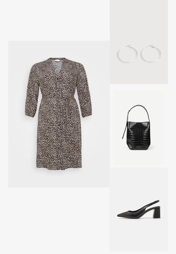 Leopardprint kjole lavet af letvægtsstof, med v-hals, lange ærmer, knaplukning og et bånd i taljen til justerbar pasform.; Sorte læder slingback-pumper med spids tå, udskæringsdesign og chunky blokhæle. Glat tekstur med en minimalistisk æstetik.; Sort spandtaske i krokodillepræget læder med enkelt skulderrem og lille sølvfarvet mærkelogo foran nederst i midten.; Par skinnende sølvøreringe med tynde trådlåse, vist på en lys grå baggrund.