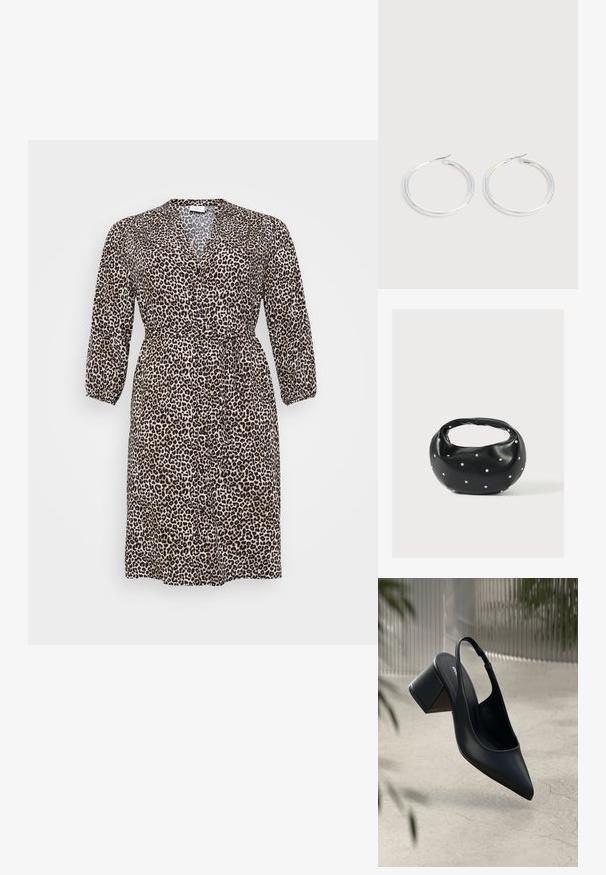 Leopardprint jurk van lichte stof, met een V-hals, lange mouwen, knoopsluiting en een strik taille voor een verstelbare pasvorm.; Zwarte leren slingback hak met een spitse neus en een blokhak. Glad oppervlak, minimalistisch ontwerp en verstelbare enkelband.; Zwarte leren handtas met een afgeronde vorm, versierd met zilveren studs, en een korte handgreep. Gladde textuur en ritsluiting.; Een paar glanzende zilveren oorringen met dunne draadafsluitingen, getoond op een lichtgrijze achtergrond.