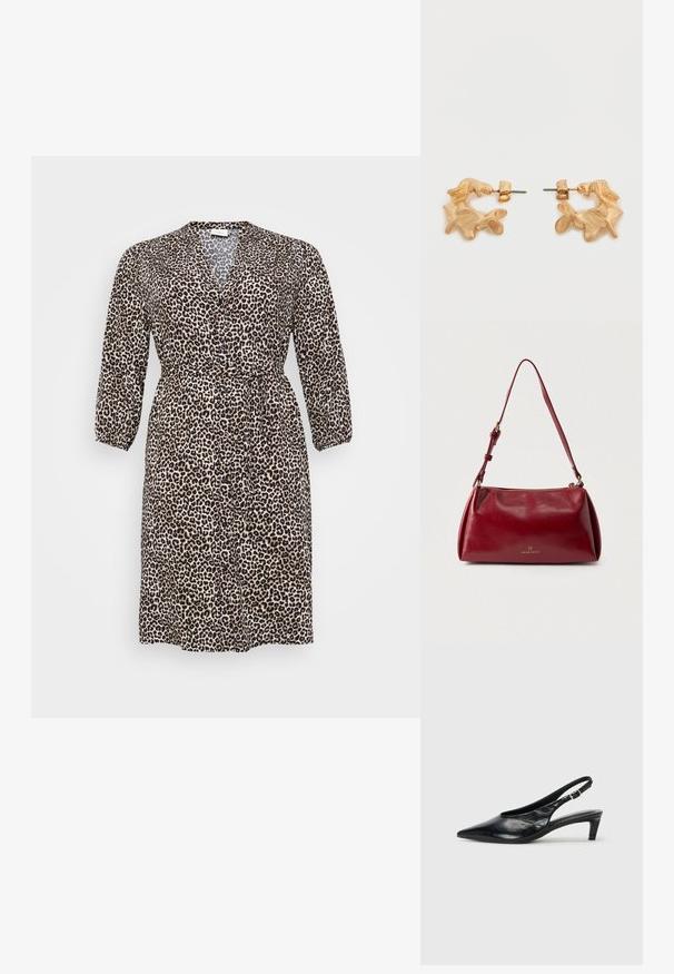 Vestido de estampado de leopardo hecho de tejido ligero, con escote en V, manga larga, cierre de botones y cintura con lazo para un ajuste ajustable.; Tacón de piel negra tipo slingback con punta afilada, tacón bajo tipo kitten y correa ajustable con hebilla. Textura suave con un detalle mínimo.; Bolso de cuero rojo con diseño curvado, cierre con cremallera superior y correa ajustable. Presenta una textura sutil y un logo de la marca en relieve en el frontal.; Pendientes de tono dorado con una forma abstracta y orgánica, que presentan una superficie texturizada y un cierre de poste trasero.