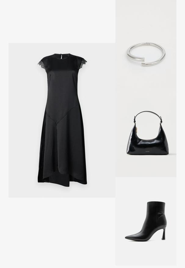 Schwarzes Kleid mit kurzen Kappenärmeln, glatter Satinoberfläche, tailliertem Oberteil, asymmetrischem Saum und zarten Spitzenakzenten an den Ärmeln.; Schwarzer Leder-Knöchelstiefel mit spitzer Spitze und schlankem, hohem Stilettoabsatz, seitlich auf weißem Hintergrund gezeigt.; Schwarze, glänzende Calvin Klein Handtasche mit goldfarbenem Reißverschluss und kurzem Trageriemen vor schlichtem weißem Hintergrund.; Calvin Klein SPIRAL - Armband - silver-coloured