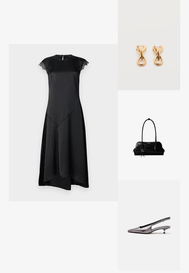 Schwarzes Kleid mit kurzen Kappenärmeln, glatter Satinoberfläche, tailliertem Oberteil, asymmetrischem Saum und zarten Spitzenakzenten an den Ärmeln.; Metallic-grauer Slingback-Schuh mit spitzer Schuhspitze, niedrigem Kittenabsatz und verstellbarem Riemen auf weißem Hintergrund.; Schwarze Umhängetasche aus krokodilstrukturiertem Leder mit langen Riemen und einem kleinen silbernen Logocharm an einem Riemen.; Paar glänzende goldfarbene Creolen mit verschlungenem, verdrehtem Design auf schlichten weißem Hintergrund.