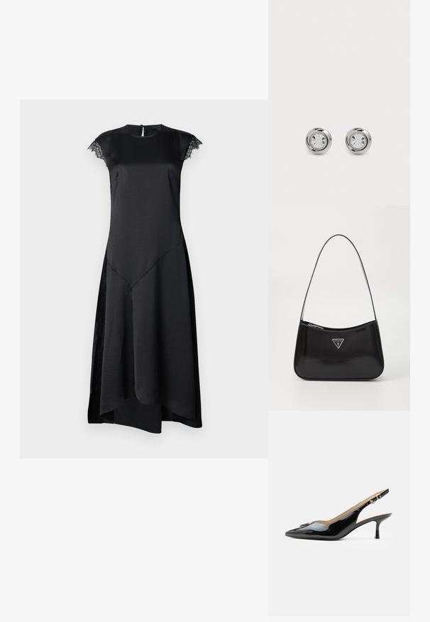 Zwarte jurk met korte capmouwen, een gladde satijnen afwerking, een aansluitende lijfje, een asymmetrische zoom en verfijnde kantaccenten bij de mouwen.; Zwarte lakleren slingback hak met spitse neus, kleine kittenhak en zilveren gespsluiting op een effen witte achtergrond.; Zwarte lakleren schoudertas met een gebogen vorm, voorzien van een zilveren driehoeklogo en een ritssluiting. Gladde textuur en slanke schouderband.; Zilveren metalen studoorbellen met ronde heldere kristallen, met een gladde gepolijste afwerking en een cirkelvormig ontwerp met subtiele verhoogde randen.