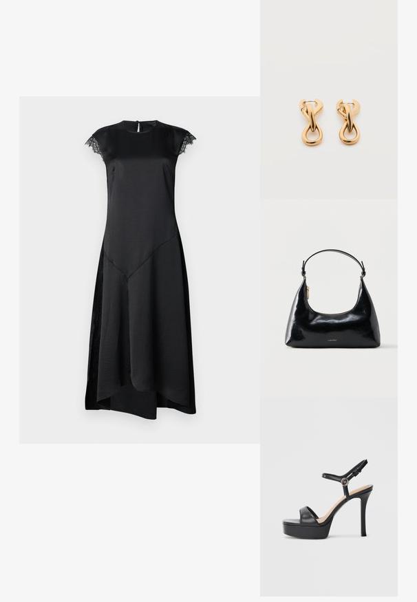 Zwarte jurk met korte capmouwen, een gladde satijnen afwerking, een aansluitende lijfje, een asymmetrische zoom en verfijnde kantaccenten bij de mouwen.; Zwarte platformsandalen met een hoge naaldhak, voorzien van een glad leren bovenkant, een peep-toe ontwerp en een verstelbare enkelriem met beslag.; Zwarte glanzende Calvin Klein handtas met gouden rits en korte band tegen een effen witte achtergrond.; Een paar glanzende oorringen in goudkleur met een lusvormige, gedraaide en verstrengelde ontwerp, afgebeeld op een eenvoudige witte achtergrond.