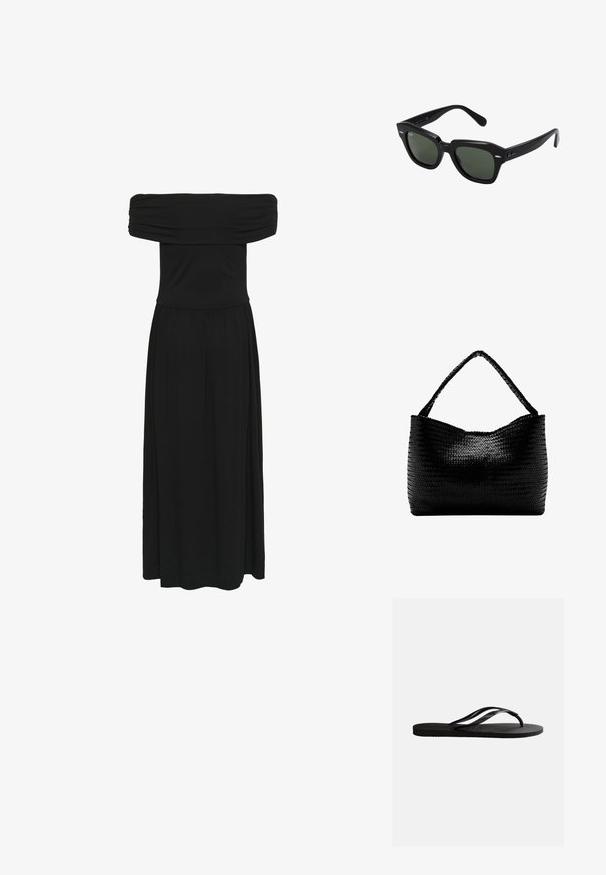 Sort off-the-shoulder maxi-kjole med samlet bodice og flydende kjole, lavet af blødt stof med en glat tekstur og elastisk talje.; Sort gummiflip-flop sandal med tekstureret fodseng og tynde Y-formede remme på en ensartet hvid baggrund.; Sorte firkantede solbriller med mørkegrønne linser, der har kraftige stel og sølvdetaljer på siderne. Fremstillet i Italien.; Sort vævet håndtaske med et enkelt flettet håndtag, rektangulær form og glansfuld tekstureret overflade.