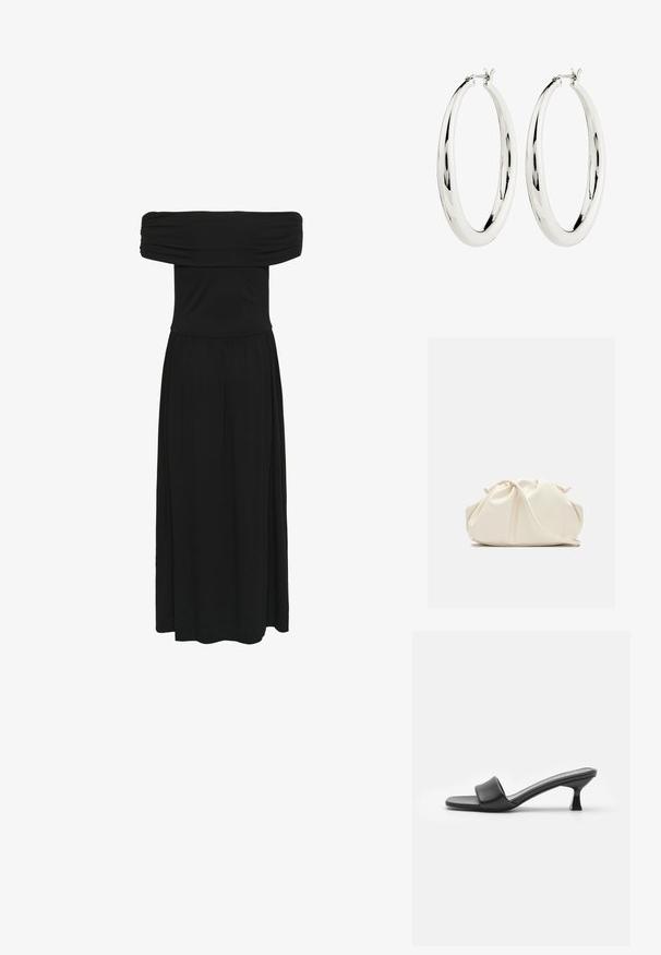 Schwarzes Maxikleid mit schulterfreiem Schnitt, gerafftem Oberteil und fließendem Rock, aus weichem Stoff mit glatter Textur und elastischem Bund.; Schwarze Absatzmules mit einem glatten, matten Lederoberteil, offenem Zeh, breitem Riemen über dem Spann und schlankem, quadratischem Absatz.; Weiche, cremefarbene Leder-Clutch mit gerafftem Design und einem dünnen Schulterriemen, der vorne auf einem schlichten Hintergrund liegt.; Silberne Creolen mit einer glatten, reflektierenden Oberfläche. Runde, große Form mit einem sicheren Verschluss an der Oberseite. Polierte Oberfläche betont den Glanz.