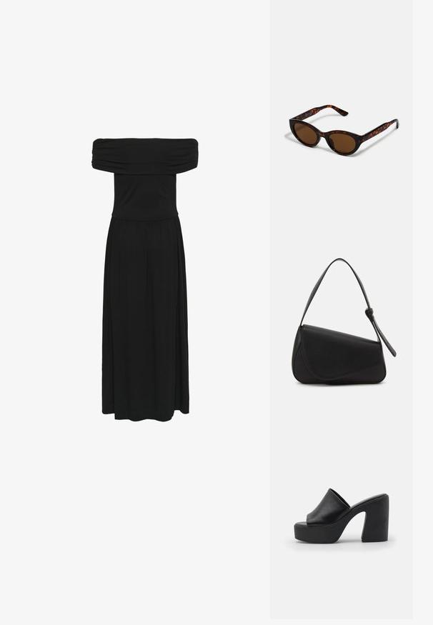 Sort off-the-shoulder maxi-kjole med samlet bodice og flydende kjole, lavet af blødt stof med en glat tekstur og elastisk talje.; Sorte højhælede mules med en glat læderoverdel og en tyk platformssål, der har åben tå og skrå blokhæl design.; Brune skildpadde solbriller med en vintage katteøje-form og brune linser. Har buede arme med røde detaljer.; Sort læderhåndtaske med en triangular form, skrå klap og et rundt håndtag. Har en glat overflade og minimalistiske design detaljer.