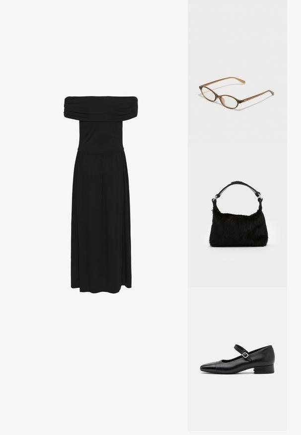Sort off-the-shoulder maxi-kjole med samlet bodice og flydende kjole, lavet af blødt stof med en glat tekstur og elastisk talje.; Sorte læder Mary Jane-sko med en patenttå, justerbar ankelrem og lav blokhæl. Glat tekstur og strømlinet design.; Brune skildpaddemønstrede briller med ovale linser, tynde arme og gennemsigtige accenter. Har et diskret logo på stangen. Slankt, let design.; Sort faux fur håndtaske med en blød tekstur, rund form og en robust skulderrem i sort læder. Synlige sølvhardware-detaljer.