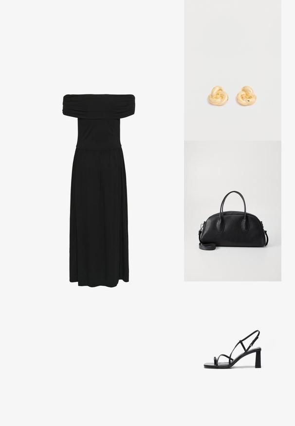 Sort off-the-shoulder maxi-kjole med samlet bodice og flydende kjole, lavet af blødt stof med en glat tekstur og elastisk talje.; Sorte højhælede sandaler med firkantet tå, tynde justerbare stropper og en kraftig blokhæl. Glat lædertekstur med minimal detaljering.; Sort læder håndtaske med rund form, dobbelte top håndtag, tekstureret overflade og aftagelig skulderrem. To hexagonale detaljer på siderne.; Par af skinnende ørestikker i guldfarvet knudeform på en ensfarvet hvid baggrund.