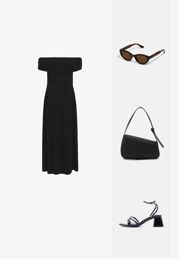 Robe maxi noire décolletée avec un corsage froncé et une jupe fluide, fabriquée dans un tissu doux au toucher lisse et dotée d'une ceinture élastique.; Sandale noire à brides ouvertes avec boucle à la cheville et talon bloc, vue de côté sur un fond clair uni.; Lunettes de soleil en écaille de tortue marron avec une forme vintage de lunettes cat-eye et des verres marron. Présente des branches courbées avec des accents rouges.; Sac à main en cuir noir de forme triangulaire, avec un rabat incliné et une poignée supérieure arrondie. Il présente une texture lisse et des détails de design minimalistes.
