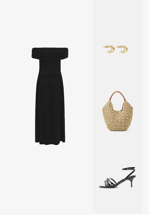 Sort off-the-shoulder maxi-kjole med samlet bodice og flydende kjole, lavet af blødt stof med en glat tekstur og elastisk talje.; Sort læder sandal med stropper, lille hæl, firkantet tå, to spænder foran og en ankelrem med guldspænde.; Vævet stråtasker med en naturlig tekstur og en blød, organisk form, der har brune læderhåndtag for nem bæring.; Guld halvmåneformede øreringe med en glat overflade, der har orange accenter nær stiften og sølv hardware.