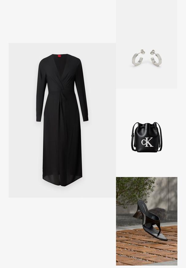 Vestido negro de manga larga con escote en V profundo, detalle frontal retorcido y una silueta fluida. Fabricado en tejido ligero, con una etiqueta roja en el cuello.; Sandalia negra de tacón tipo tanga de Calvin Klein flotando sobre una superficie exterior de azulejos, con vegetación y una pared de hormigón al fondo.; Bolso tipo bucket de cuero negro con cierre de cordón en la parte superior y logotipo blanco "cK" en la parte frontal, con una correa de hombro ajustable.; Pendientes aros de metal plateado con un diseño texturizado, que cuentan con un pequeño respaldo de clip y una marca en uno de los aros. Forma redondeada con un acabado pulido.