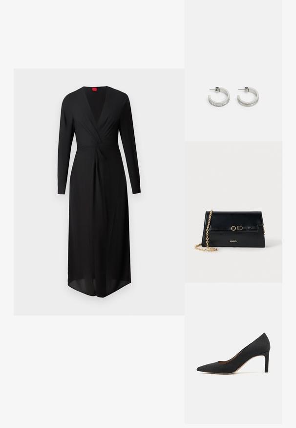 Vestido negro de manga larga con escote en V profundo, detalle frontal retorcido y una silueta fluida. Fabricado en tejido ligero, con una etiqueta roja en el cuello.; Zapato de tacón alto negro con puntera afilada, superficie texturizada, tacón delgado de 3 pulgadas y un forro interior suave, diseñado con una silueta clásica.; Bolso de mano de cuero negro con una correa de cadena dorada, forma rectangular, detalles en relieve en la solapa y logo dorado en la parte frontal.; Pendientes de aro plateados con una superficie lisa y una fila de pequeñas piedras transparentes a lo largo del borde inferior, con cierre de perno.