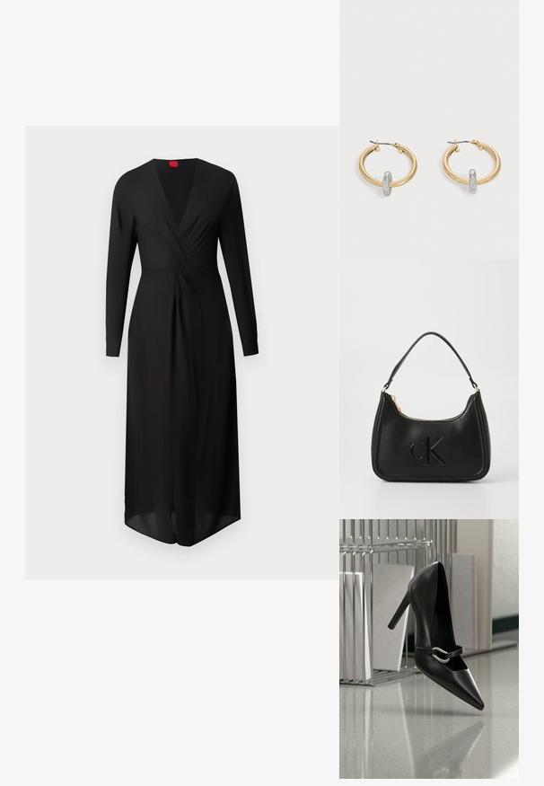 Vestido negro de manga larga con escote en V profundo, detalle frontal retorcido y una silueta fluida. Fabricado en tejido ligero, con una etiqueta roja en el cuello.; Zapato de tacón alto negro con puntera y correa con hebilla plateada, colocado sobre una superficie reflectante cerca de un organizador de archivos metálico que sostiene papeles.; Bolso de mano de cuero negro con forma curva, que presenta una cremallera dorada y un sutil logo "cK" en relieve. Textura suave y un solo asa.; Par de pendientes de aro en tono dorado con pequeño detalle de aro en tono plateado en cada uno, expuestos sobre un fondo gris claro.