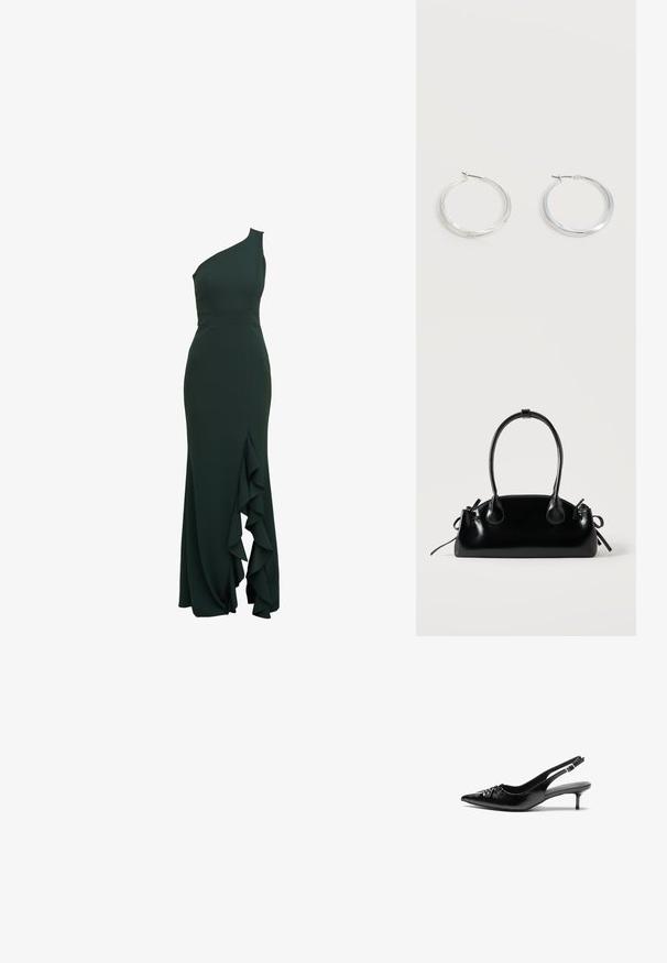 En-skulder, mørkegrøn kjole i et tætsiddende design med volangdetalje langs siden, lavet af glat stof og med en struktureret silhuet.; Sorte læder slingback-pumps med spids tå, lav kitten-hæl og rynket detalje på overdelen. Glat tekstur og minimalistisk design.; Lille sort blank håndtaske med to lange håndtag og snøre-detaljer i siden på en ensfarvet lys baggrund.; Sølvfarvede metaloorringe med glat, let buet overflade og låsemekanisme på en ensfarvet hvid baggrund.