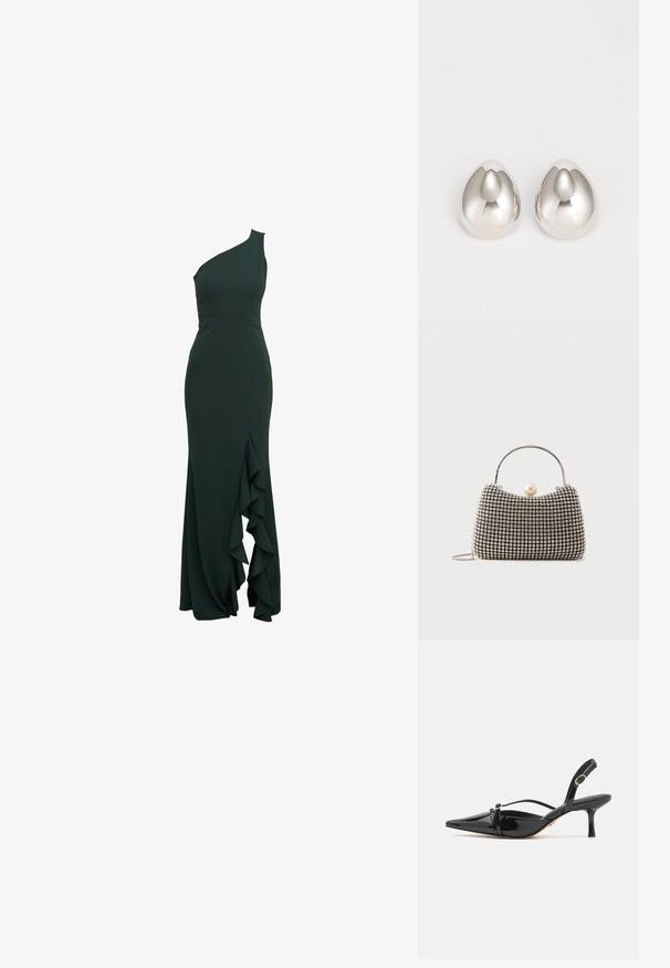 Robe asymétrique de couleur vert foncé au design ajusté, avec un détail volants sur le côté, fabriquée dans un tissu lisse et dotée d'une silhouette structurée.; ALDO MARIETTA PILLOW WALK - Escarpins - black; Petit sac à main avec motif à carreaux argenté, poignée incurvée, grande fermeture à perle et une fine bandoulière en chaîne argentée sur un fond uni.; Boucles d'oreilles en métal argenté avec un design lisse et arrondi ressemblant à la forme d'une goutte d'eau, présentant une surface réfléchissante et une finition sans couture.