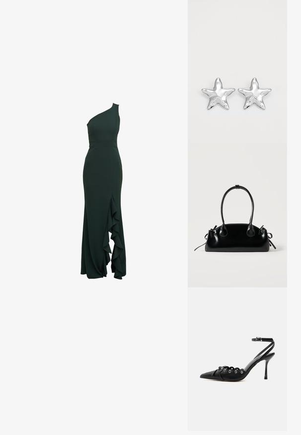Eén-schouder, donkergroene jurk in een aansluitend ontwerp met een rucherichting langs de zijkant, gemaakt van smooth stof en met een gestructureerd silhouet.; Zwarte pumps met hoge hak en spitse neus, gegolfde randen, metalen oogjes, vetergespsluiting aan de voorzijde en enkelriem met gespsluiting.; Kleine zwarte glanzende handtas met twee lange hengsels en zijkant trekkoord details op een effen lichte achtergrond.; Zilveren stervormige oorbellen met een gepolijste, glanzende afwerking. Elke oorbel heeft vijf punten en subtiele textuurdetails op het oppervlak.