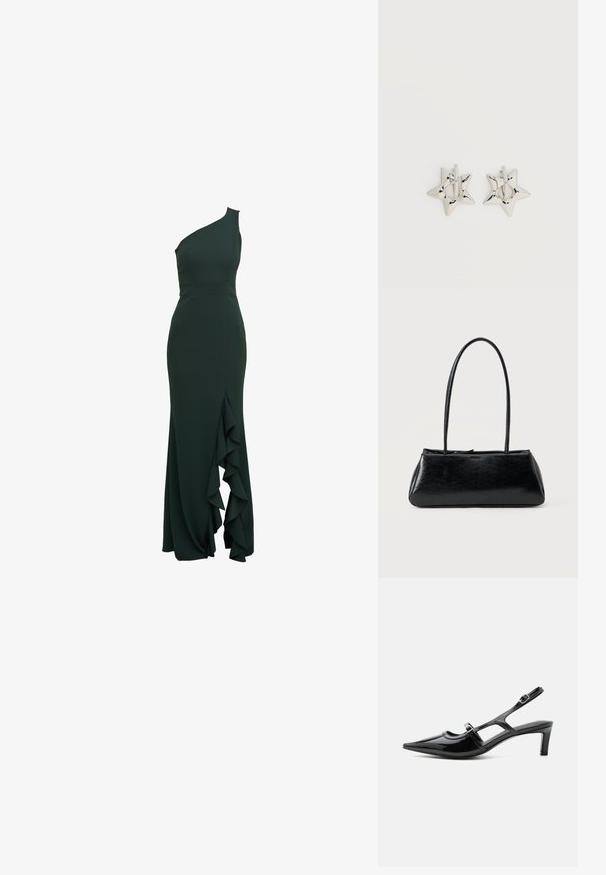 Robe asymétrique de couleur vert foncé au design ajusté, avec un détail volants sur le côté, fabriquée dans un tissu lisse et dotée d'une silhouette structurée.; Chaussure slingback en cuir verni noir à bout pointu, petit talon et deux brides réglables avec boucles, vue de profil latéral.; Sac à épaule rectangulaire noir avec de longues bretelles fines et une texture lisse et brillante sur un fond uni.; Boucles d’oreilles créoles en forme d’étoile argentée avec une finition lisse et polie sur un fond blanc uni.