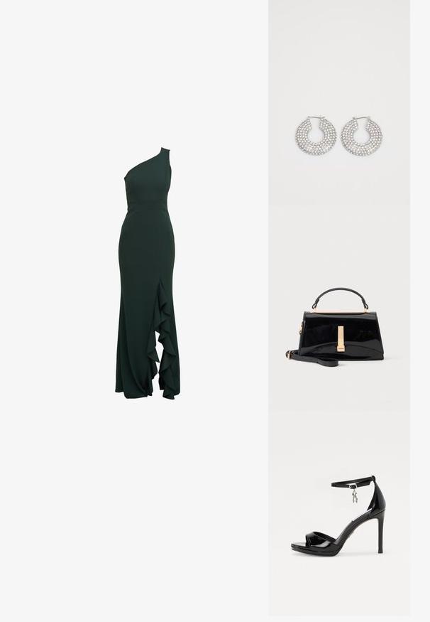 Robe asymétrique de couleur vert foncé au design ajusté, avec un détail volants sur le côté, fabriquée dans un tissu lisse et dotée d'une silhouette structurée.; Sandales à talons hauts en cuir verni noir avec un bout ouvert, une bride à la cheville et un accent de charme en argent. Dispose d'un design élégant et moderne.; Sac à main noir brillant avec poignée supérieure, fermoir doré et bandoulière amovible sur fond clair uni.; Boucles d'oreilles en argent en forme de créoles ornées de multiples embellissements en cristal transparent, présentant une surface texturée et un design circulaire ouvert.