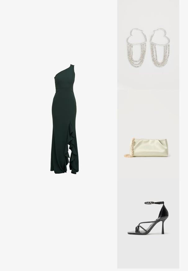 Eén-schouder, donkergroene jurk in een aansluitend ontwerp met een rucherichting langs de zijkant, gemaakt van smooth stof en met een gestructureerd silhouet.; Zwarte laklederen hoge hak sandaal met een enkelbandje, voorzien van crisscross straps en een slanke, puntige neus.; Zacht lichtgroene satin clutch tas met gouden en kristallen kettingriem, rechthoekige vorm met zachte plooien op een effen achtergrond.; Zilveren oorringen in de vorm van een hart, versierd met watervalletjes van heldere rhinestones voor extra sprankeling en textuur.