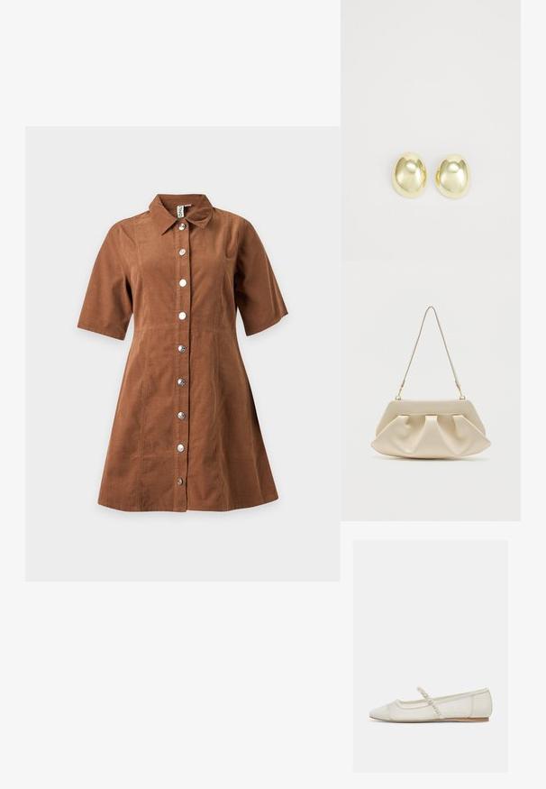 Καφέ κοντομάνικο φόρεμα με κουμπιά μπροστά, γιακά και φούστα σε γραμμή Α, κατασκευασμένο από απαλό, υφασμάτινο ύφασμα.; Επίπεδο παπούτσι σε εκρού χρώμα με μυτερή μύτη, λουράκι διακοσμημένο με μαργαριτάρια και χαμηλό ξύλινο τακούνι, πλαϊνή όψη σε ανοιχτό φόντο.; Μαλακή τσάντα φάκελος σε εκρού χρώμα με πτυχώσεις και λεπτό ιμάντα ώμου με χρυσές λεπτομέρειες.; Σκουλαρίκια από μέταλλο σε χρυσό τόνο με λείο, στρογγυλό σχήμα και γυαλιστερή φινίρισμα. Απλός σχεδιασμός χωρίς επιπλέον διακοσμητικά στοιχεία.