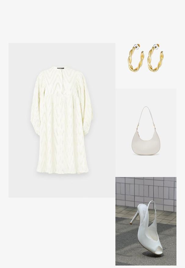 Weißes Kleid mit hohem Kragen, langen Puffärmeln und Zickzackmuster. Hergestellt aus strukturiertem Stoff mit dezenten metallischen Akzenten.; Weißer Slingback-Pumps mit Absatz und offenem Zehenbereich auf dem Bürgersteig vor einer gefliesten Wand, wirft einen Schatten auf den Boden.; Cremfarbene Leder-Schultertasche mit einer Halbmondform, dünnem Schulterriemen und subtilen Stichdetails. Minimalistisches Design mit goldfarbenen Hardware-Akzenten.; Goldene, gedrehte Creolen mit glatter Oberfläche, ausgestattet mit transparentem Rücken und goldfarbenen Beschlägen.