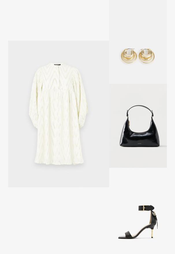 Vestido blanco con cuello alto, mangas largas y abullonadas, y patrón de zigzag. Fabricado en un tejido texturizado con sutiles acentos metálicos.; Sándal de tacón de cuero negro con punta cuadrada, correa en el tobillo con hebilla dorada y un tacón metálico esbelto. Textura suave, diseño minimalista.; Bolso negro brillante de Calvin Klein con cremallera dorada y correa corta sobre un fondo blanco liso.; Pendientes de aro en tono dorado con diseños circulares en capas; superficie pulida; herrajes de bisagra cerrada para un ajuste seguro.