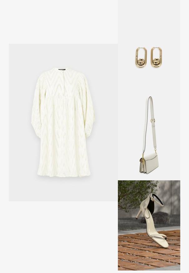 Weißes Kleid mit hohem Kragen, langen Puffärmeln und Zickzackmuster. Hergestellt aus strukturiertem Stoff mit dezenten metallischen Akzenten.; Beige Sandale mit hohem Absatz und Knöchelriemen, die auf Holzlatten im Freien steht, mit unscharfem Grün und Beton im Hintergrund.; Helle graue Leder-Umhängetasche mit strukturierter Form, kontrastierender schwarzer Abrundung, goldenen Beschlägen und verstellbarem Schulterriemen. Inklusive eingeprägtem Logo-Tag.; BOSS DOUBLE B SWING - Ohrringe - gold-coloured