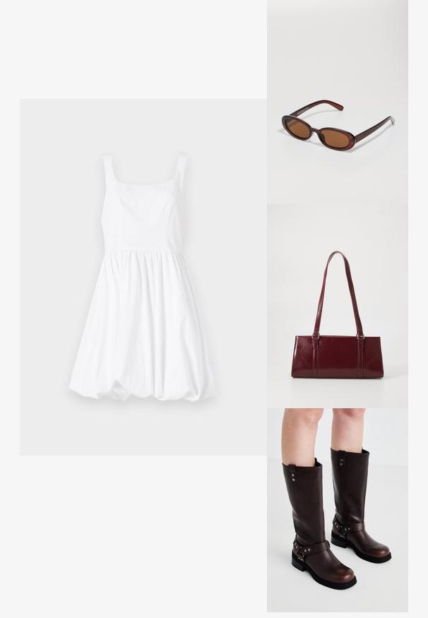 Robe en coton blanc avec un décolleté carré, des fines bretelles et une jupe froncée, créant une silhouette volumineuse.; Bottines en cuir marron jusqu'aux genoux avec une texture lisse, dotées d'une large sangle et d'accents en métal triangulaires, semelles en caoutchouc plates.; Lunettes de soleil rondes teinte brun avec une monture bordeaux brillante. Branches fines avec un détail de marque subtil. Design de verres plats.; Sac à main bordeaux en matériau brillant, de forme rectangulaire, avec deux anses et des accents légèrement courbés à l'avant.