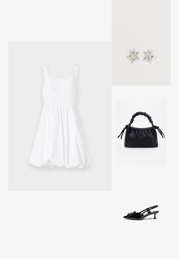 Vestido de algodón blanco con escote cuadrado, tirantes finos y falda acampanada, creando una silueta voluminosa.; Zapatos de tacón slingback de charol negro con punta afilada, detalle de lazo en el frente y un pequeño tacón de aguja. Las correas tienen hebillas ajustables.; Bolso negro con textura de cocodrilo, borde superior fruncido, asa recogida y cordones con borlas en cada lado sobre un fondo blanco.; Pendientes de aro plateados en forma de estrella con un acabado liso y pulido sobre un fondo blanco liso.