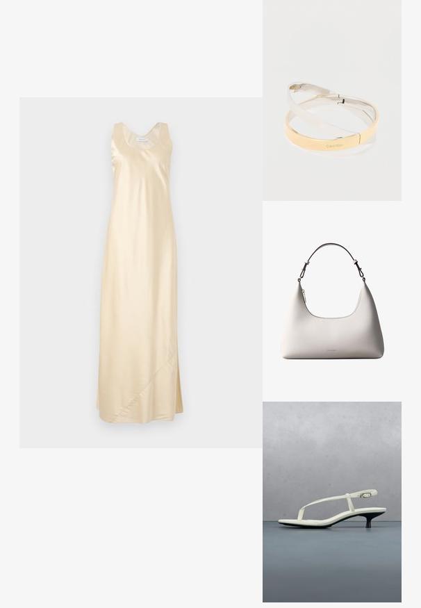 Vestido sin mangas de satén en color beis claro con escote redondo, silueta recta, abertura lateral y textura suave.; Sandalia blanca de tacón kitten con tiras y punta afilada, flotando sobre un suelo de baldosas de madera al aire libre, con un fondo desenfocado de plantas y pared.; Bolso de hombro de cuero color crema de Calvin Klein con borde superior curvado, cremallera plateada y correa ajustable marrón oscuro.; Pulseras metálicas pulidas entrelazadas en tonos plateados y dorados, una grabada con el logo "Calvin Klein", sobre un fondo blanco.