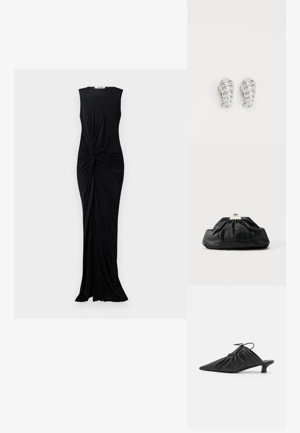 Vestido negro sin mangas hecho de una tela suave, con un detalle retorcido en la cintura y un diseño hasta el suelo. Cuello redondo simple.; Mules negros de cuero sin hebillas con punta afilada, textura recogida y un pequeño tacón de gato. Presentan un detalle de cordón en la abertura.; Bolso de mano de cuero negro con textura recogida, cierre de broche metálico y logo en relieve sutil en el frente. Forma redondeada.; Pendientes de clip plateados con un diseño en espiral, que presentan una textura metálica suave y formas redondeadas. Sin adornos ni patrones visibles.