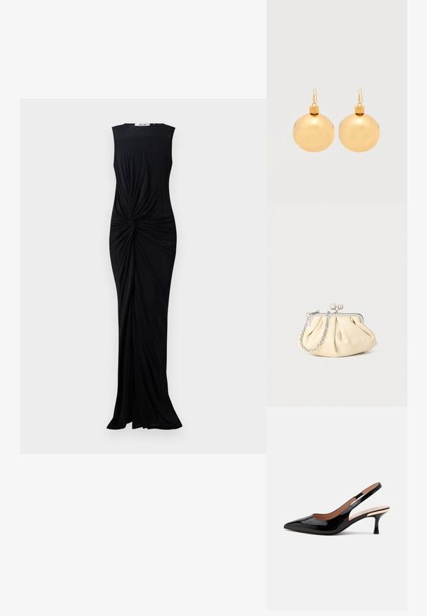 Schwarzes ärmelloses Kleid aus glattem Stoff, mit einer verdrehten Detail am Bund und einem bodenlangen Design. Schlichter runder Ausschnitt.; Schwarzer Lackleder Slingback-Pumps mit spitz zulaufender Kappe und niedrigem Katzenabsatz auf weißem Hintergrund.; Faltige beigefarbene Ledertasche mit einem silbernen Metallrahmen, ausgestattet mit zwei runden dekorativen Verschlüssen und einem silbernen Kettenriemen.; Paar glänzende goldene Weihnachtskugel-Ohrringe mit Hakenverschlüssen auf einfachem weißem Hintergrund.