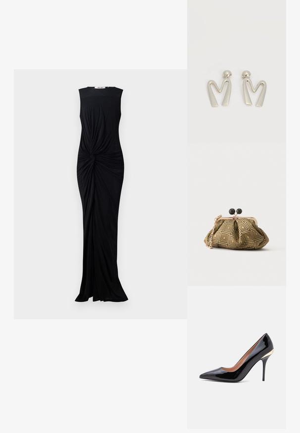 Vestido negro sin mangas hecho de una tela suave, con un detalle retorcido en la cintura y un diseño hasta el suelo. Cuello redondo simple.; Zapato de tacón alto de piel charol negra con punta en pico, tacón de aguja fino y un detalle dorado cerca de la contrafuerte del talón.; Pequeño bolso de mano con patrón geométrico en dorado y negro, marco metálico dorado, cierre de bola negro y una corta correa de cadena dorada.; Par de pendientes de metal plateado con forma de letra M angular y postes redondeados sobre un fondo blanco.