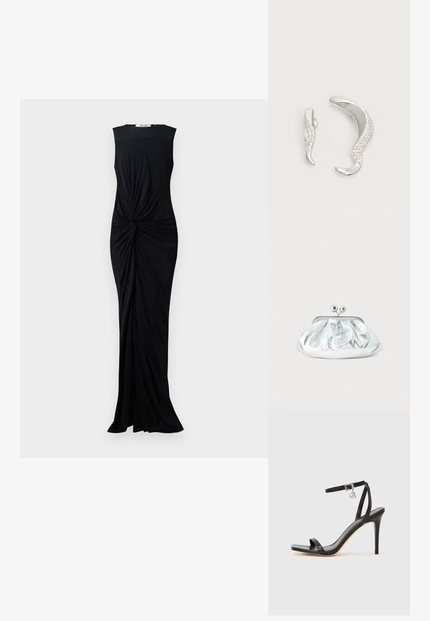 Robe noire sans manches en tissu lisse, avec un détail torsadé à la taille et une conception longue au sol. Encolure ronde simple.; Sandale à talon haut noire avec une bride étroite à la cheville, bout carré, cuir lisse et accent de boucle métallique.; Petit sac pochette métallique argenté avec un design arrondi et froncé, fermeture à clip avec deux boules argentées.; Deux boucles d'oreilles argentées courbées, l'une plus grande que l'autre, toutes deux ornées de petits cristaux scintillants le long d'un bord.